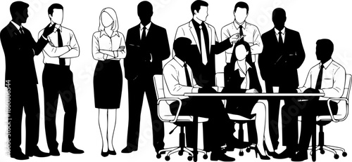Business People Meeting and Teamwork Silhouette Set. Professional Corporate Group isolated on White Background. Flat Black Vector Illustration.