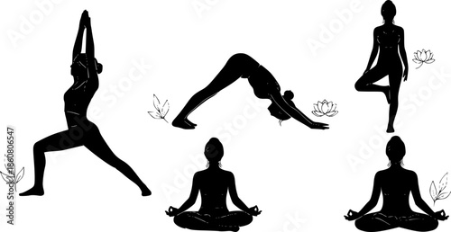 Yoga Poses and Meditation Silhouette Collection. Healthy Lifestyle and Mindfulness Zen Exercise. Black Vector Female Silhouettes isolated on White.