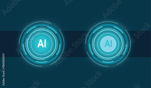 Artificial intelligence AI glowing interface button icons representing advanced technology, robot, innovation, computing, cyberspace, engineering design