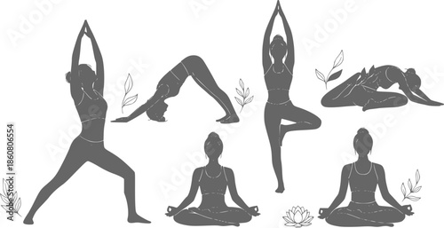 Yoga Poses and Meditation Silhouette Collection. Healthy Lifestyle and Mindfulness Zen Exercise. Black Vector Female Silhouettes isolated on White.