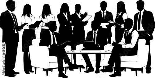 Business People Meeting and Teamwork Silhouette Set. Professional Corporate Group isolated on White Background. Flat Black Vector Illustration.