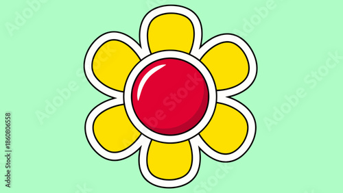 Stylized Yellow Flower with Red Center and White Outline.