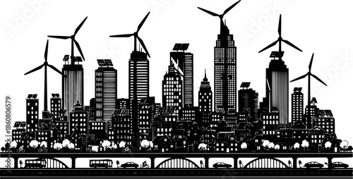 Sustainable Green City Silhouette with Renewable Energy. Eco Friendly Urban Skyline with Wind Turbines and Solar Panels. Isolated Black Vector.