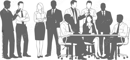Business People Meeting and Teamwork Silhouette Set. Professional Corporate Group isolated on White Background. Flat Black Vector Illustration.