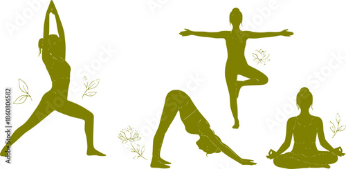 Yoga Poses and Meditation Silhouette Collection. Healthy Lifestyle and Mindfulness Zen Exercise. Black Vector Female Silhouettes isolated on White.