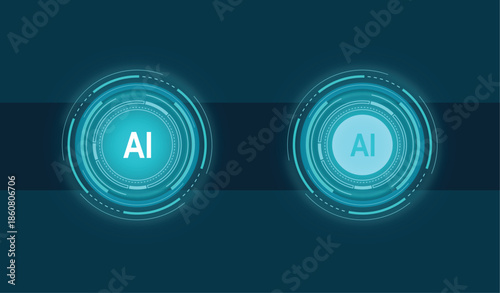 Neon AI futuristic glowing interface buttons vector element representing artificial intelligence, circuit, innovation, digital data, machine learning design