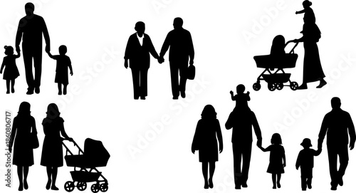 Diverse Family Silhouettes and People Walking Set. Parents, Children and Seniors Group. Modern Inclusive Community Black Vector isolated on White.