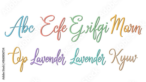Set of colorful cursive handwritten font samples and phrases displayed in lines