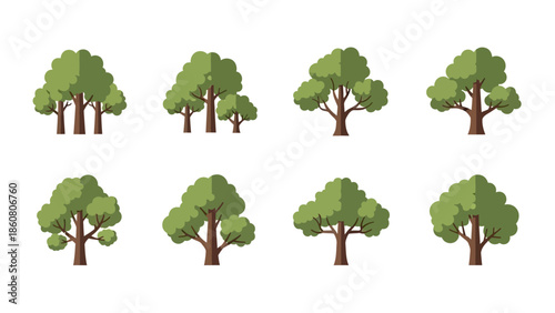 Set of eight stylized flat design trees with green canopies and brown trunks