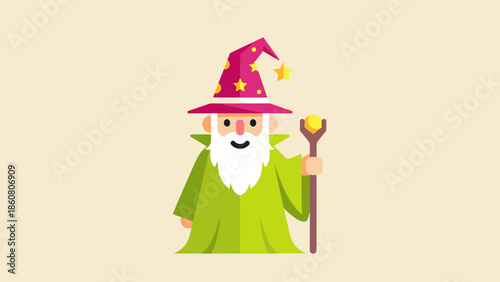 Cartoon Wizard with Staff and Pointed Hat Illustration.