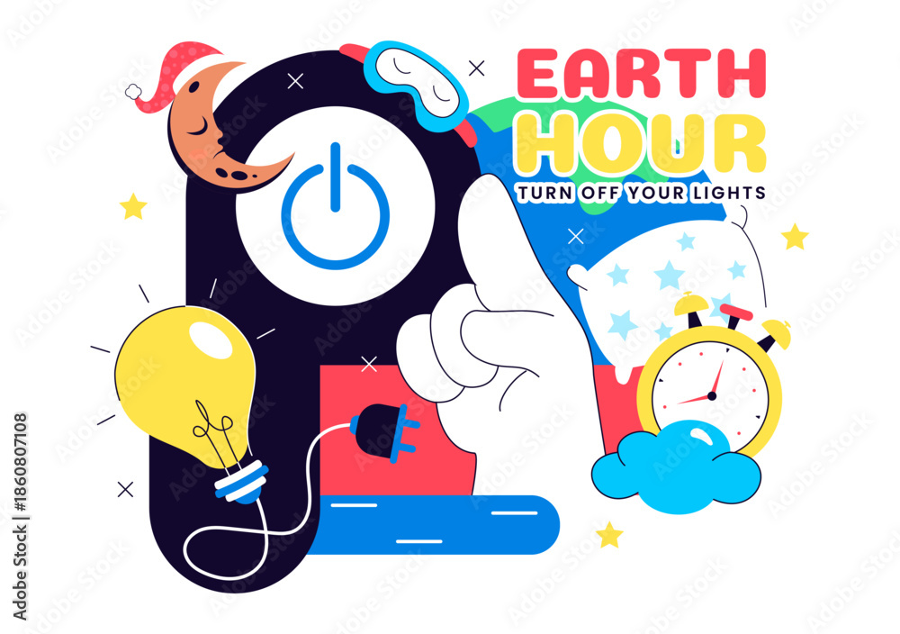 Naklejka premium Happy Earth Hour Day Vector Illustration Featuring Cloud, Light Bulb, World Map, And Turning Off Lights Theme In Flat Cartoon Background