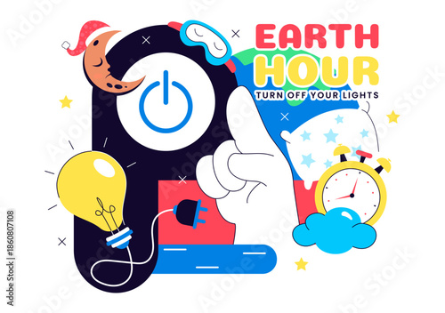 Happy Earth Hour Day Vector Illustration Featuring Cloud, Light Bulb, World Map, And Turning Off Lights Theme In Flat Cartoon Background