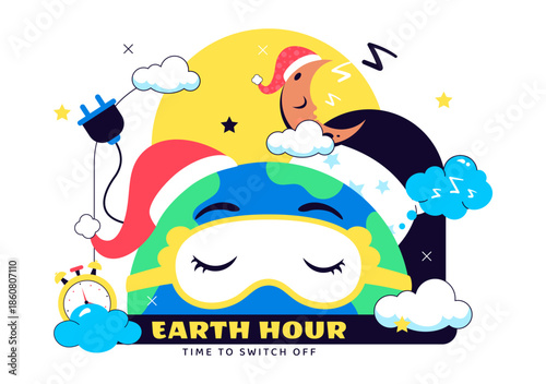 Happy Earth Hour Day Vector Illustration Featuring Cloud, Light Bulb, World Map, And Turning Off Lights Theme In Flat Cartoon Background