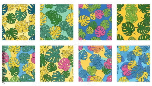 Vibrant Tropical Monstera Leaf Patterns Seamlessly Repeating in Various Color Palettes