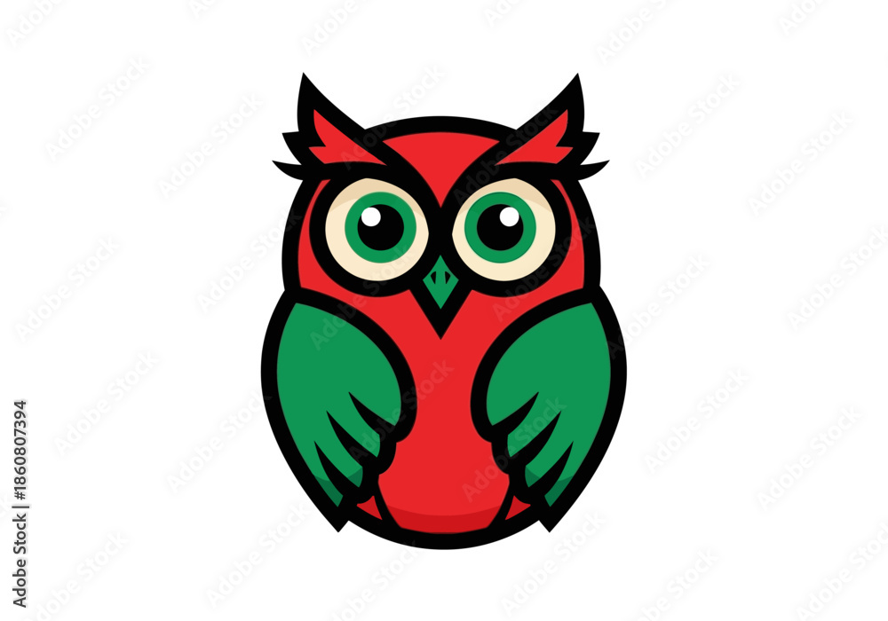 Fototapeta premium Stylized Owl Illustration with Red Body and Green Wings.