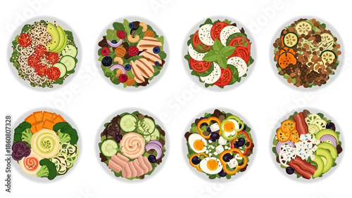 A Collection of Eight Vibrant and Deliciously Crafted Salads Displayed From Above