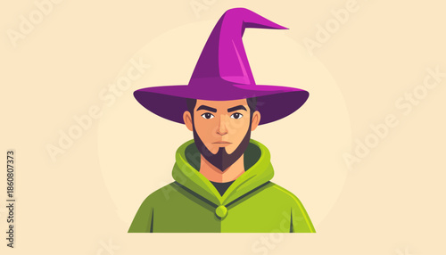 Cartoon Wizard Portrait with Purple Hat and Green Hoodie.