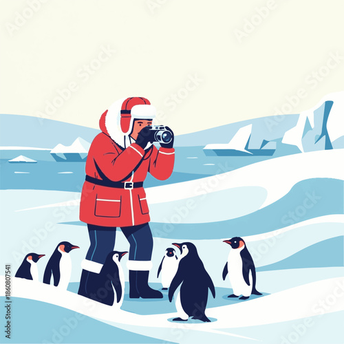 A penguin standing on icy snow near the mountains during a fun winter holiday