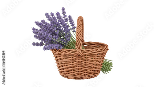 A rustic woven basket filled with fragrant lavender sprigs on a white background
