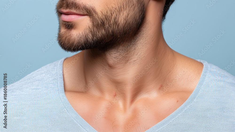 Obraz premium Close up of male neck and jawline with soft skin imperfections and light beard, wearing light blue shirt against blue background, showing natural texture and subtle marks