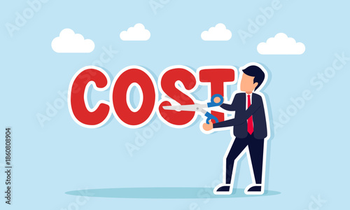 Businessman cutting cost text with scissors illustration of reducing expenses and cutting business project budget