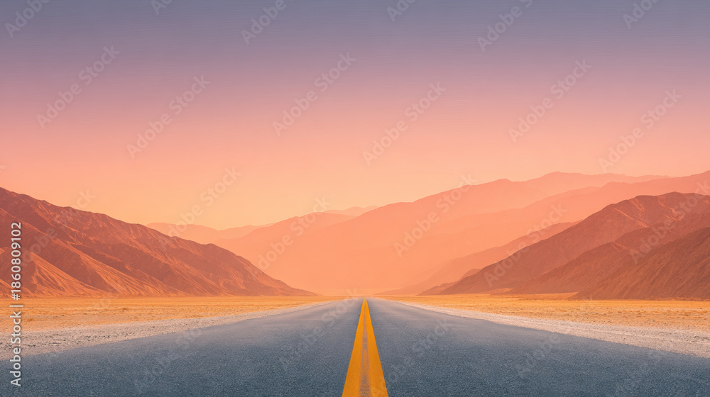 Naklejka premium Long empty asphalt road, rocky desert hill, sunrise, tranquil, scenic landscape