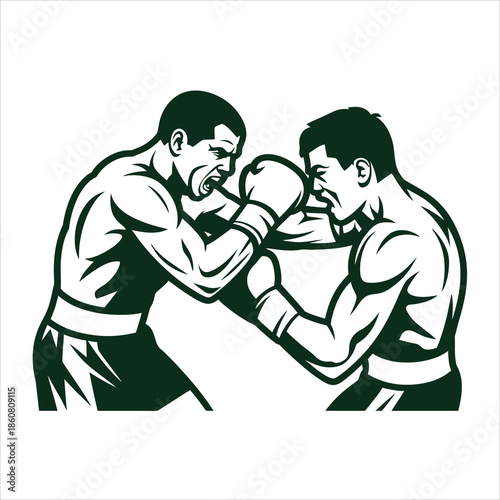 Two strong boxers intensely engaged in a fierce fight, captured in a dynamic green monochromatic illustration