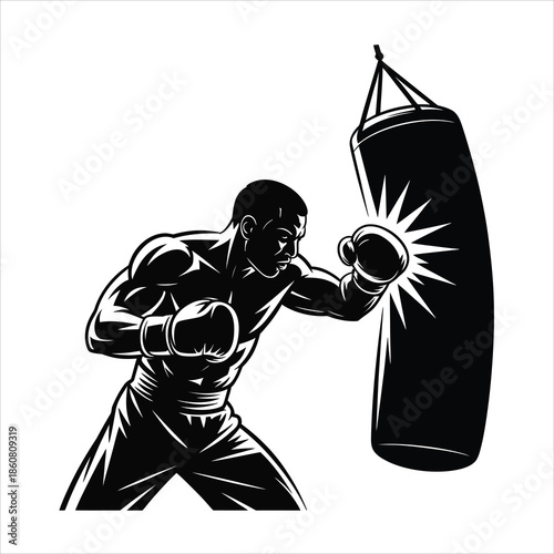 A powerful male boxer delivers a strong punch to a heavy bag during a training session