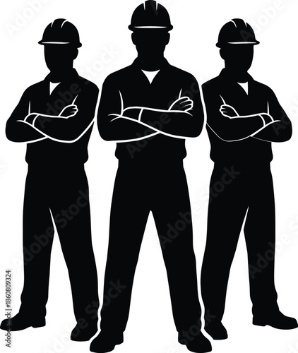 Construction worker team silhouette showing confident builders with crossed arms wearing safety helmets isolated on white background vector illustration