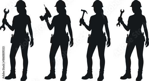 Female construction worker silhouette set holding tools showing professional women builders standing poses isolated on white background vector illustration