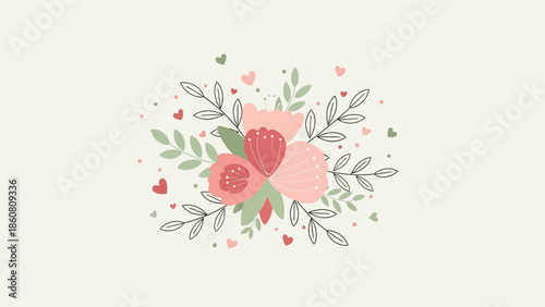 Elegant Floral Bouquet Illustration with Hearts on Light Beige Background