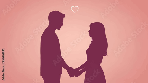 Romantic Silhouette of Loving Couple Holding Hands on Warm Pink Background