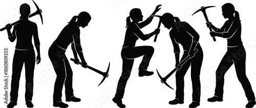 Female miner silhouette set showing women working with pickaxe mining labor poses isolated on white background vector illustration