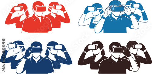 Four people wearing vr headsets in different colors on transparent background