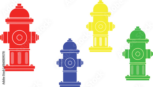 Colorful fire hydrant icons in red yellow blue and green on transparent background