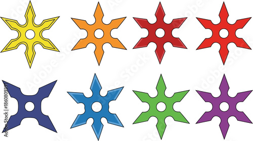 Colorful ninja star shapes in a row on transparent background