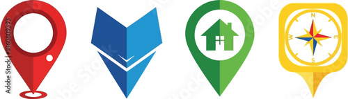 Four colorful location pin icons with different symbols on transparent background