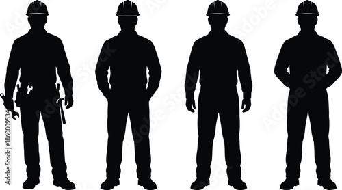 Construction worker silhouette lineup showing professional builders wearing safety helmets standing poses isolated on white background vector illustration