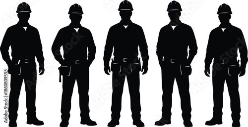 Construction worker silhouette lineup showing professional builders with safety helmets tool belts standing poses isolated on white background vector illustration