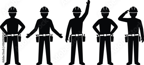 Construction worker silhouette set showing builders with safety helmets tool belts and hand gestures isolated on white background vector illustration