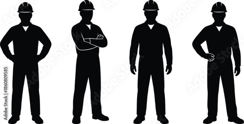 Construction worker silhouette set showing professional builders wearing safety helmets standing confident poses isolated on white background vector illustration