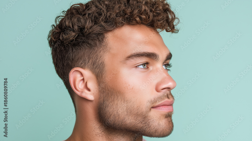 Obraz premium Oily luminous highlights captured on sharp jawline of young man with curly hair and blue eyes looking thoughtfully to side against light blue background