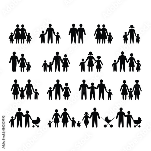 Diverse collection of black family silhouettes depicting parents with one, two, or three children including strollers