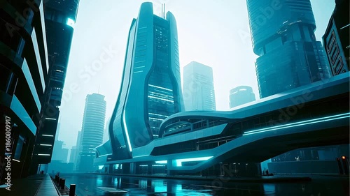 Futuristic cityscape with tall buildings
