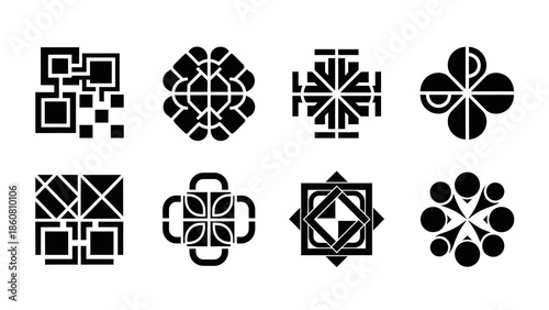 collection of abstract geometric black and white graphic design symbols and icons