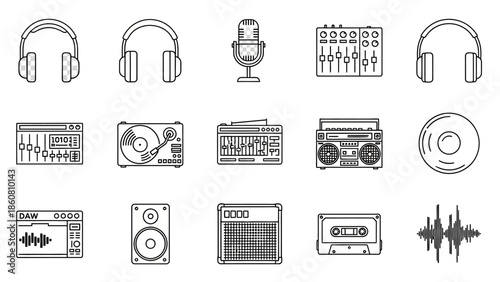 Collection of audio production and music equipment icons in minimalist line art style