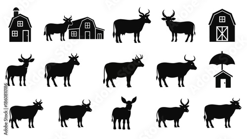 Collection of Black and White Silhouettes of Farm Animals and Buildings on a White Background
