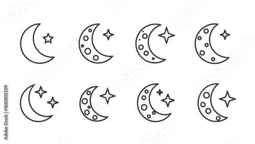 Collection of crescent moon and star icons in various simple line art styles