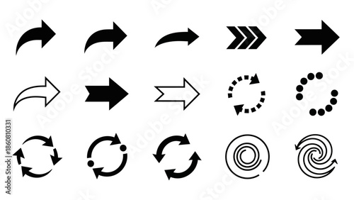 Collection of diverse black and white arrow icons and loading symbols for digital interfaces