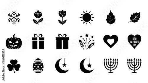 Collection of Diverse Holiday and Seasonal Icons Representing Celebrations